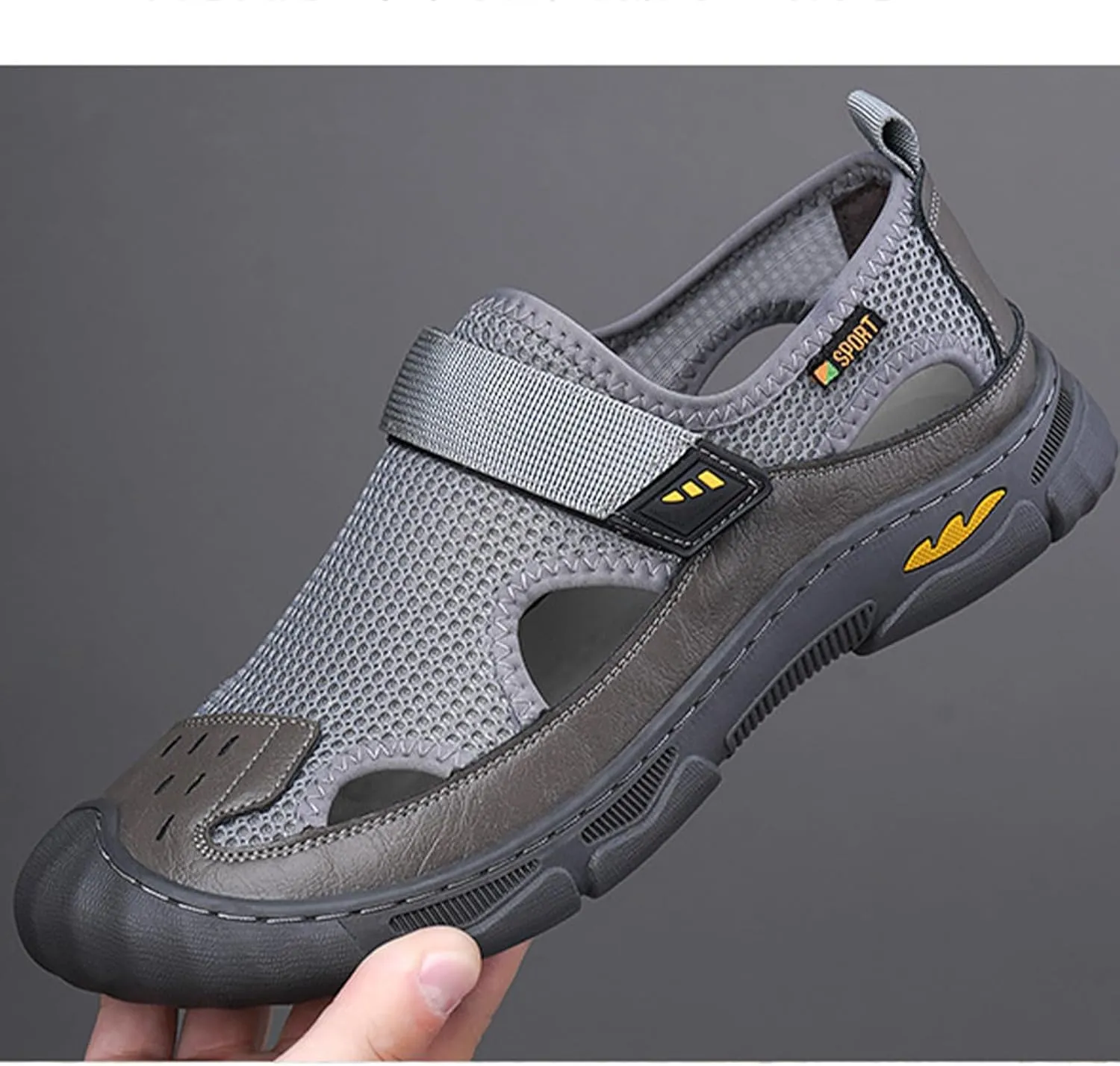 MILDSEVEN Fashion Men's Handmade Sandals, Closed Toe Hiking Sandals, Hollow Out Backpacking Beach Shoes,7.5,Grey