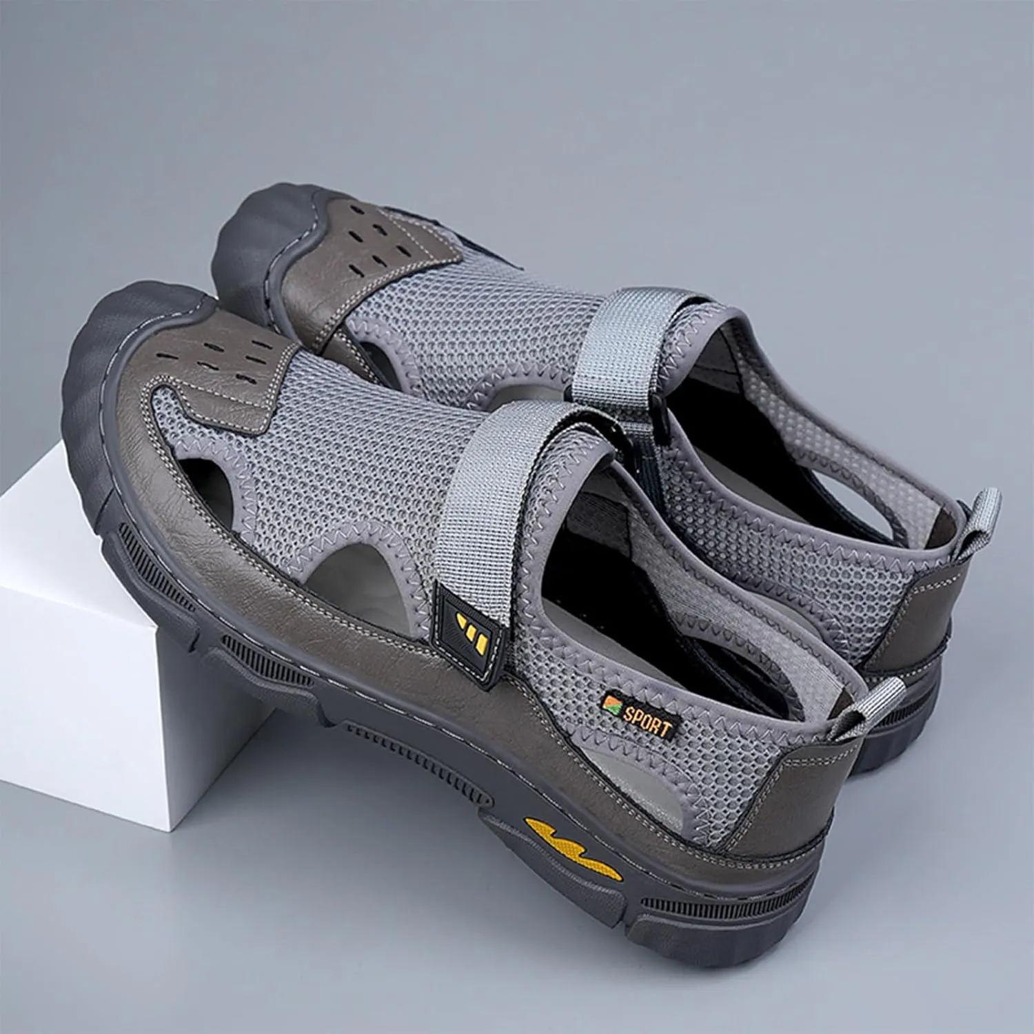MILDSEVEN Fashion Men's Handmade Sandals, Closed Toe Hiking Sandals, Hollow Out Backpacking Beach Shoes,7.5,Grey