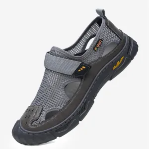 MILDSEVEN Fashion Men's Handmade Sandals, Closed Toe Hiking Sandals, Hollow Out Backpacking Beach Shoes,7.5,Grey