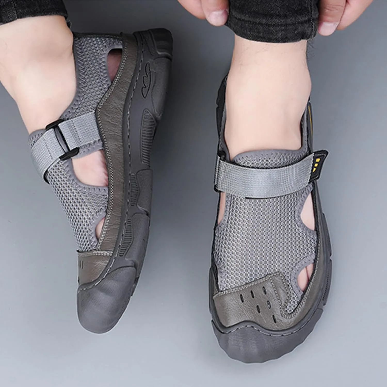 MILDSEVEN Fashion Men's Handmade Sandals, Closed Toe Hiking Sandals, Hollow Out Backpacking Beach Shoes,7.5,Grey