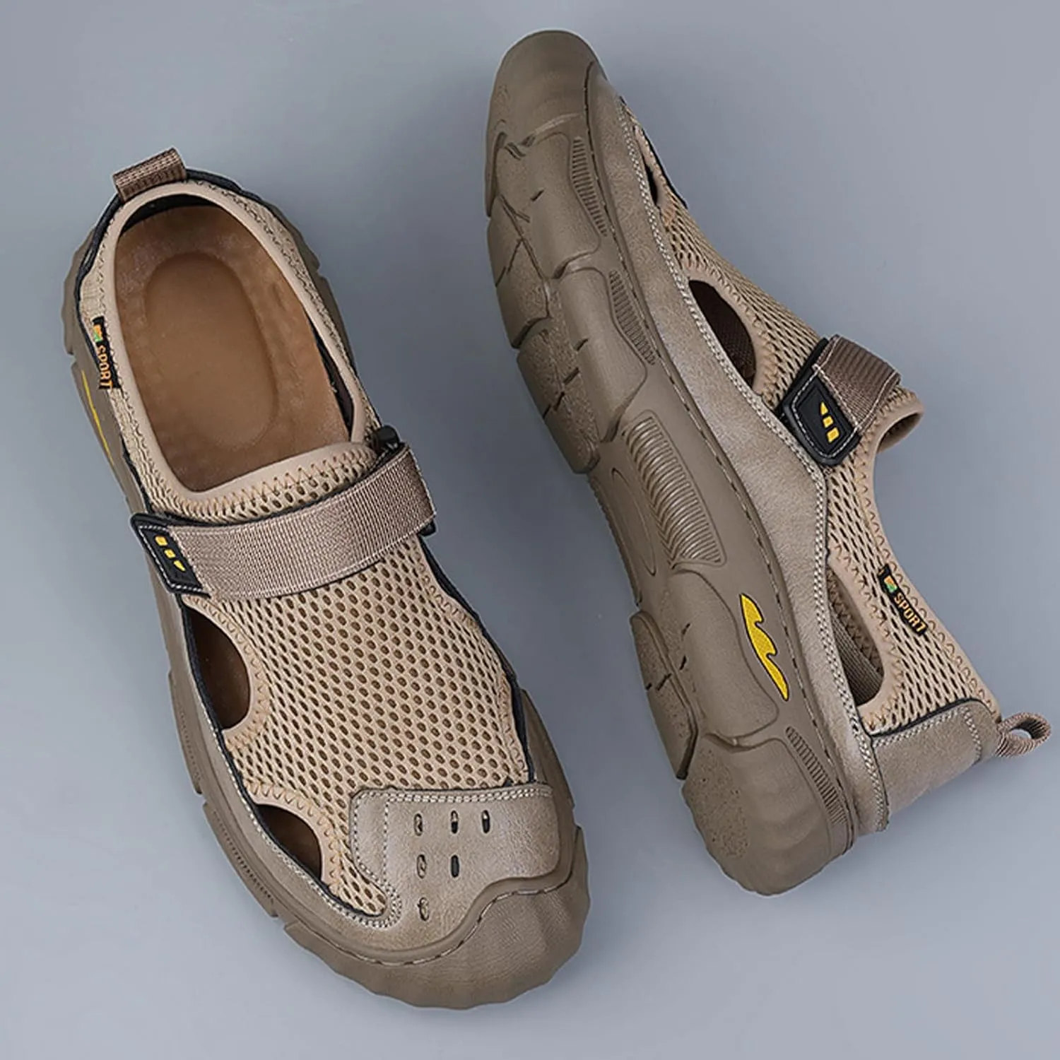 MILDSEVEN Fashion Men's Handmade Sandals, Closed Toe Hiking Sandals, Hollow Out Backpacking Beach Shoes,9.5,Khaki