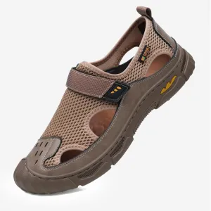 MILDSEVEN Fashion Men's Handmade Sandals, Closed Toe Hiking Sandals, Hollow Out Backpacking Beach Shoes,9.5,Khaki