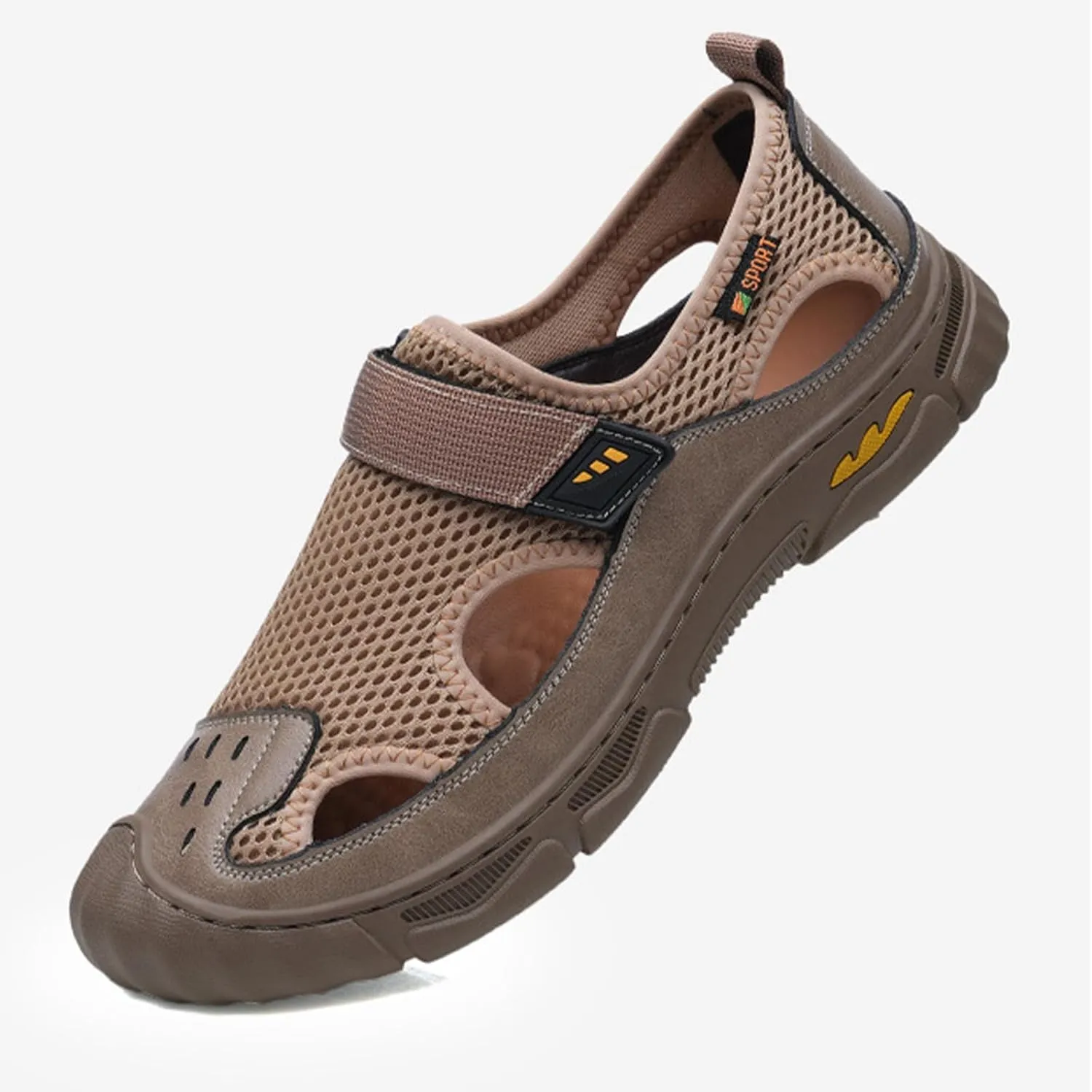 MILDSEVEN Fashion Men's Handmade Sandals, Closed Toe Hiking Sandals, Hollow Out Backpacking Beach Shoes,9.5,Khaki