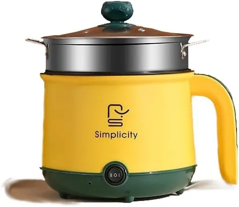 Mini Electric Cooker with Steamer, 1.8L Non-Stick Hot Pot, Portable Ramen Cooker, Small Cooking Pot with Dual Power Control for Dorm, Office, Travel