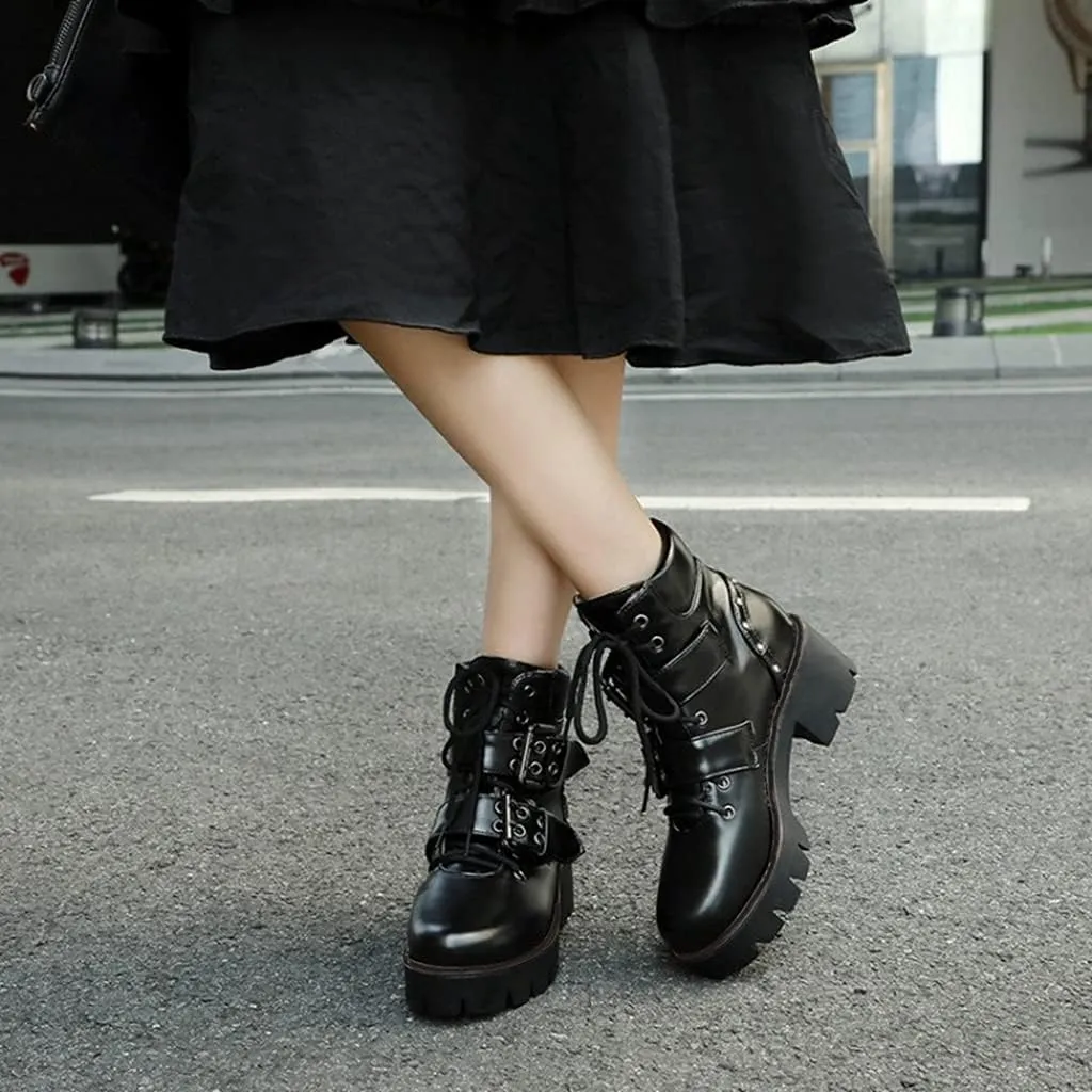 MIOKE Women's Fashion Lace Up Dressy Ankle Boots Waterproof Chunky Platform Mid Heel Combat Short Booties