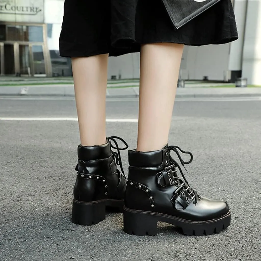 MIOKE Women's Fashion Lace Up Dressy Ankle Boots Waterproof Chunky Platform Mid Heel Combat Short Booties