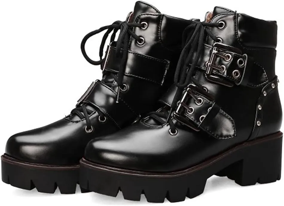 MIOKE Women's Fashion Lace Up Dressy Ankle Boots Waterproof Chunky Platform Mid Heel Combat Short Booties