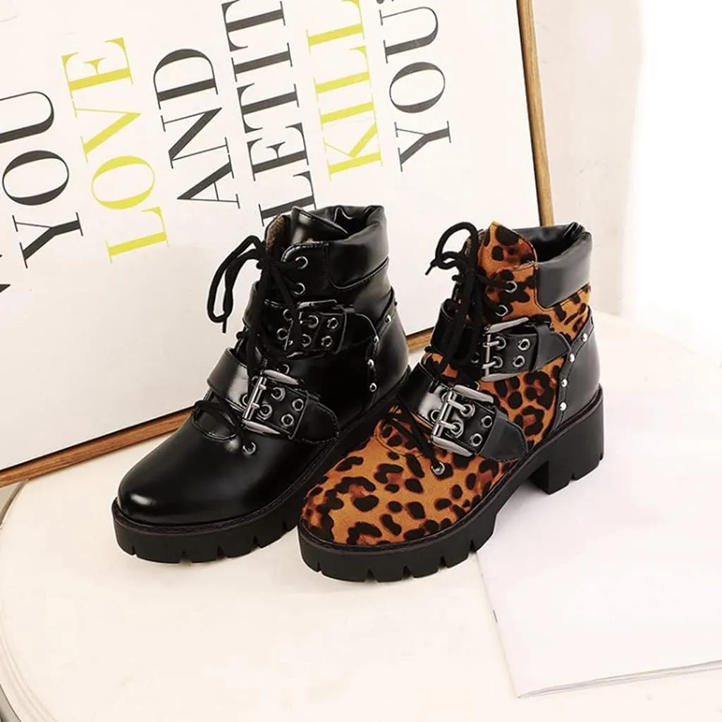 MIOKE Women's Fashion Lace Up Dressy Ankle Boots Waterproof Chunky Platform Mid Heel Combat Short Booties