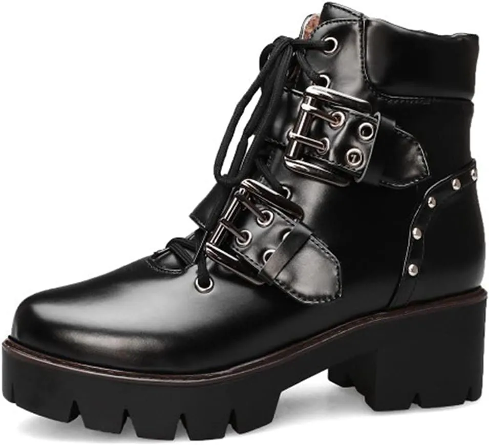 MIOKE Women's Fashion Lace Up Dressy Ankle Boots Waterproof Chunky Platform Mid Heel Combat Short Booties