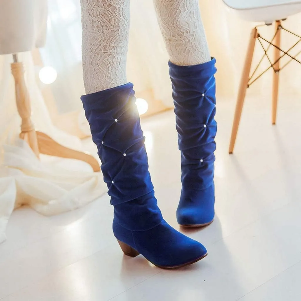 MIOKE Women's Fashion Slouch Mid Calf Riding Boots With Rhinestone Round Toe Suede Cozy Low Heel Dress Boots