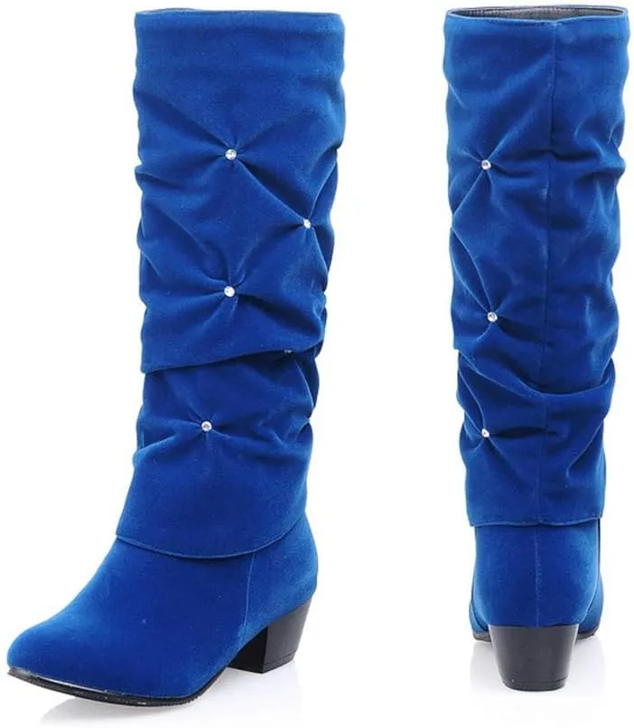 MIOKE Women's Fashion Slouch Mid Calf Riding Boots With Rhinestone Round Toe Suede Cozy Low Heel Dress Boots