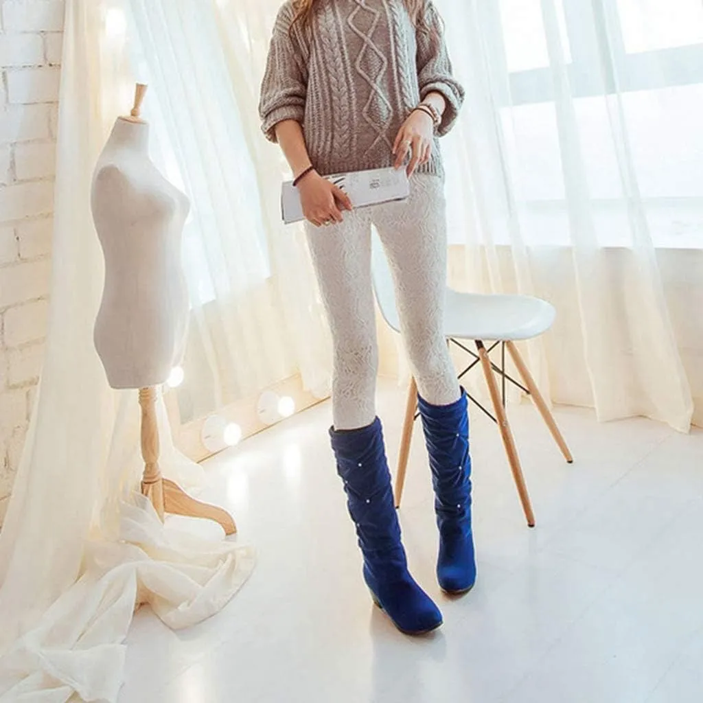 MIOKE Women's Fashion Slouch Mid Calf Riding Boots With Rhinestone Round Toe Suede Cozy Low Heel Dress Boots