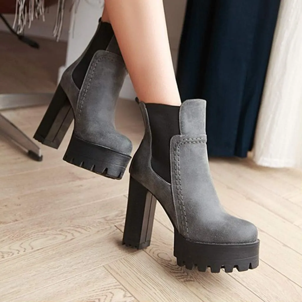 MIOKE Women's Platform High Heeled Ankle Booties Round Toe Chelsea Waterproof Elastic Dressy Short Boots