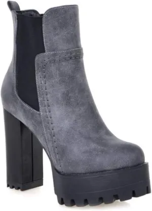 MIOKE Women's Platform High Heeled Ankle Booties Round Toe Chelsea Waterproof Elastic Dressy Short Boots