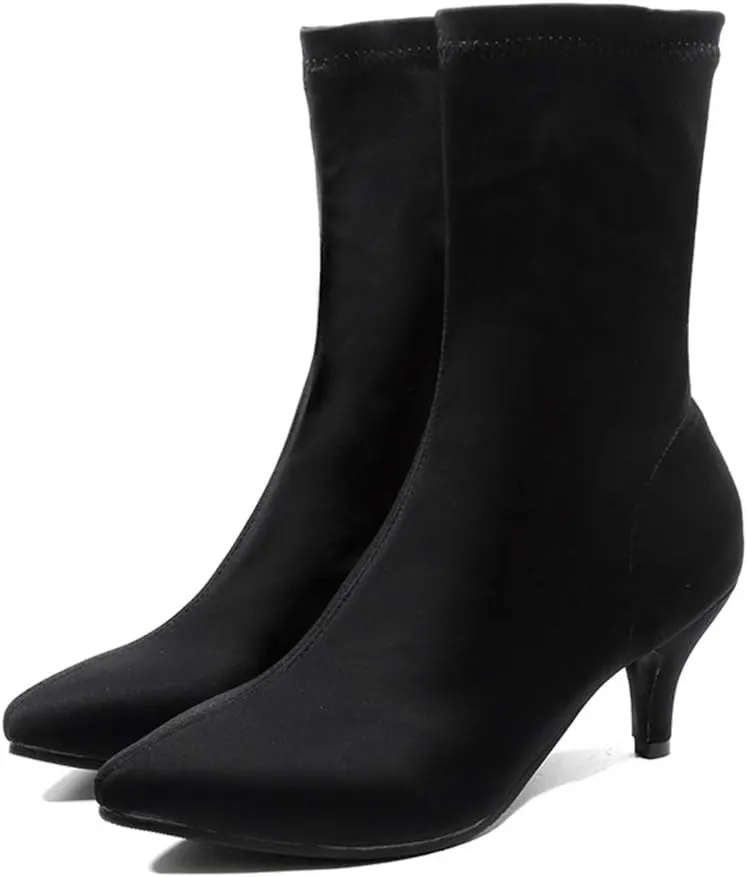 MIOKE Women's Pointed Toe Stretch Ankle Boots Fashion Comfy Kitten Low Heel Pull On Dressy Short Booties