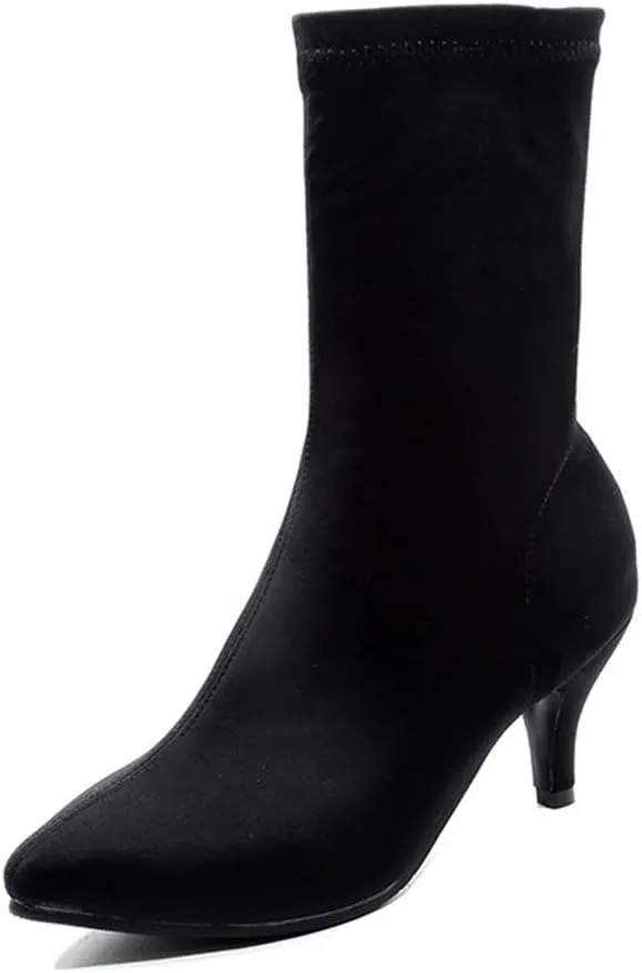 MIOKE Women's Pointed Toe Stretch Ankle Boots Fashion Comfy Kitten Low Heel Pull On Dressy Short Booties