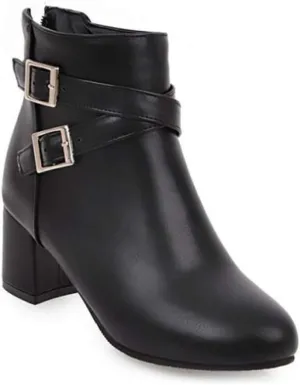 MIOKE Women's Round Toe Dressy Ankle Boots Trendy Buckle Zipper Chunky Mid Heel Chelsea Dressy Short Booties