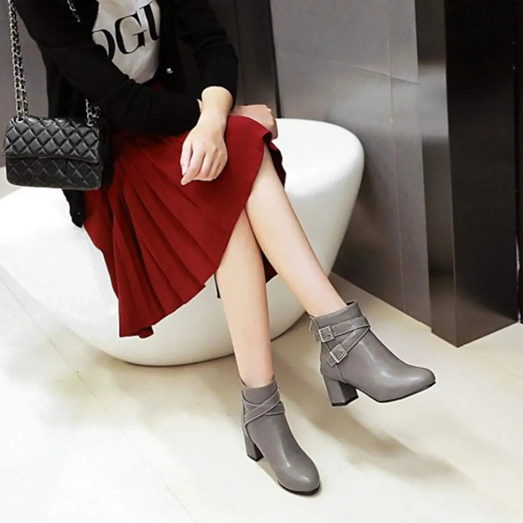 MIOKE Women's Round Toe Dressy Ankle Boots Trendy Buckle Zipper Chunky Mid Heel Chelsea Dressy Short Booties