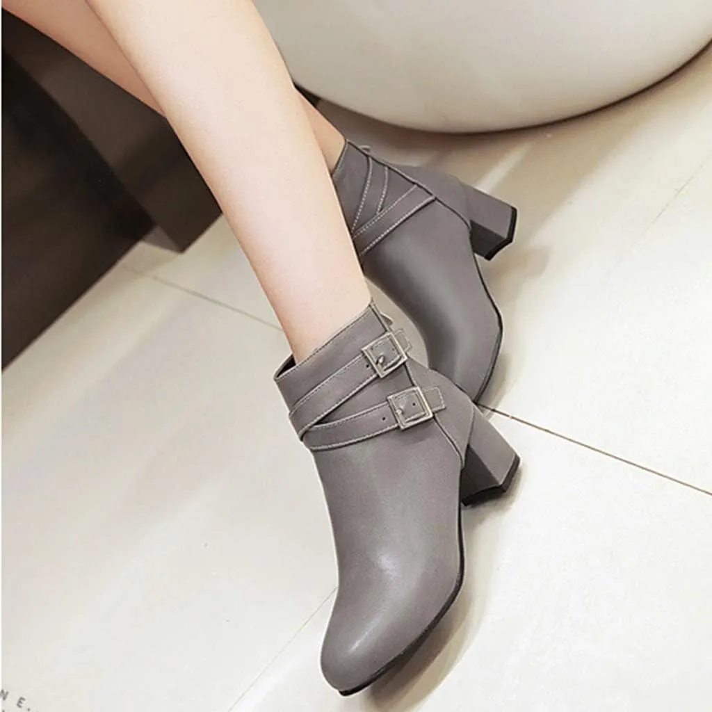 MIOKE Women's Round Toe Dressy Ankle Boots Trendy Buckle Zipper Chunky Mid Heel Chelsea Dressy Short Booties