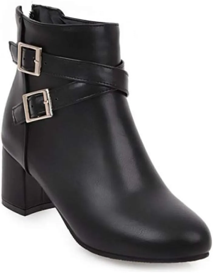 MIOKE Women's Round Toe Dressy Ankle Boots Trendy Buckle Zipper Chunky Mid Heel Chelsea Dressy Short Booties
