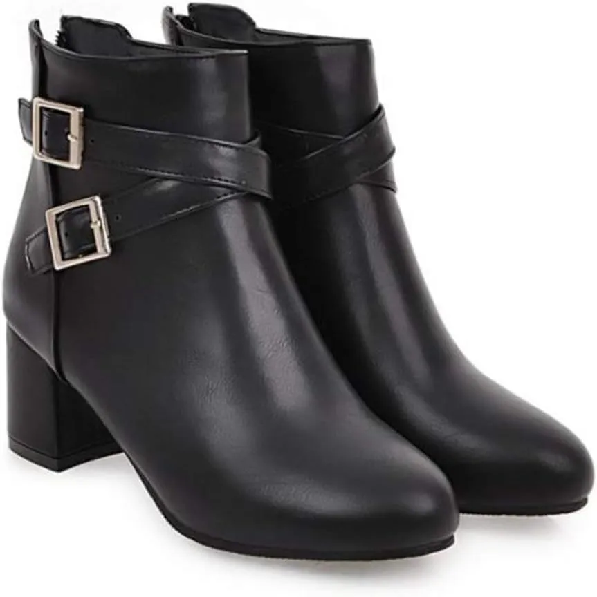 MIOKE Women's Round Toe Dressy Ankle Boots Trendy Buckle Zipper Chunky Mid Heel Chelsea Dressy Short Booties