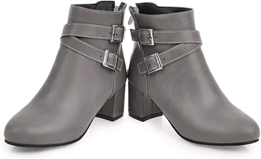 MIOKE Women's Round Toe Dressy Ankle Boots Trendy Buckle Zipper Chunky Mid Heel Chelsea Dressy Short Booties