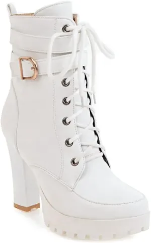 MIOKE Women's Round Toe Platform Dressy Ankle Boots Lace Up Zipper Chunky Block High Heel Dress Short Bootie
