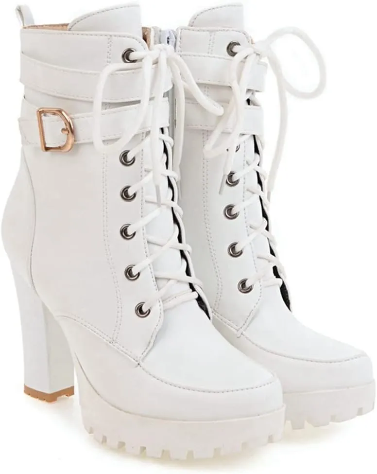 MIOKE Women's Round Toe Platform Dressy Ankle Boots Lace Up Zipper Chunky Block High Heel Dress Short Bootie
