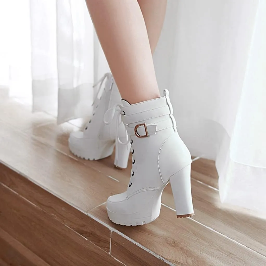 MIOKE Women's Round Toe Platform Dressy Ankle Boots Lace Up Zipper Chunky Block High Heel Dress Short Bootie