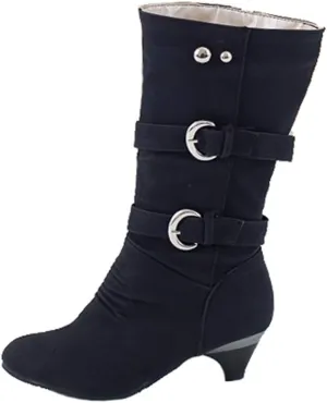 MIOKE Women's Winter Buckle Mid Calf Boots Round Toe Pull On Wide Width Kitten Low Heel Warm Slouch Boots