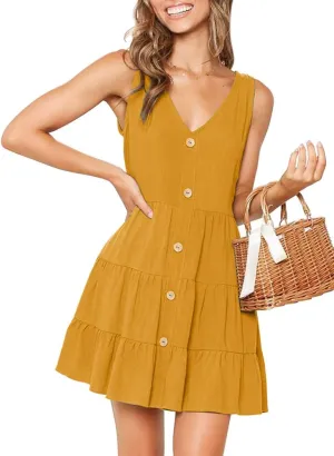 MITILLY Women's Casual T-Shirt Dresses Sleeveless V Neck Button Down A Line Loose Swing Short Dress with Pockets