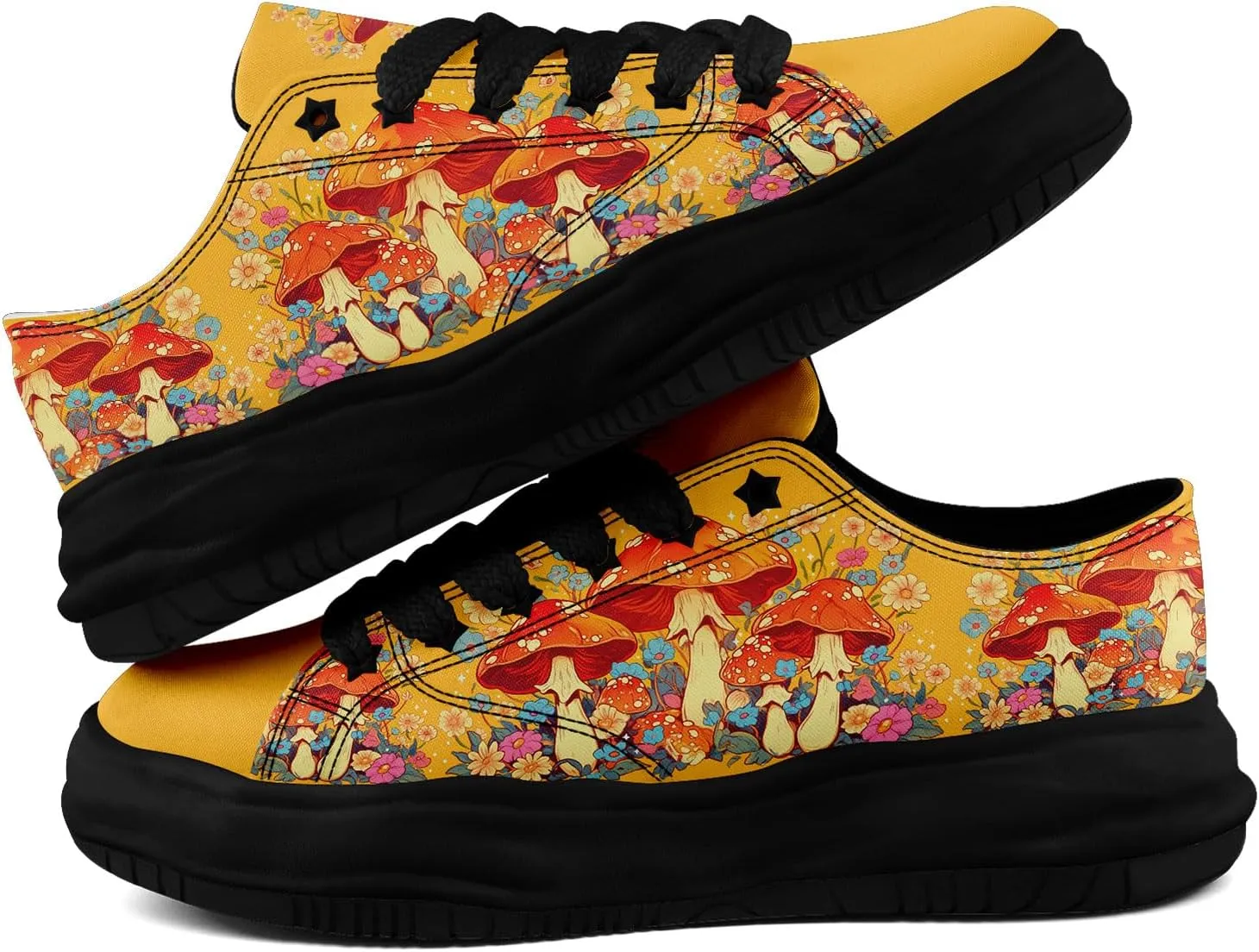 Mushroom Floral Canvas Sneakers for Women's Men's Low-Top Trendy Lace-Up Walking Casual Shoes Spring Summer Footwear