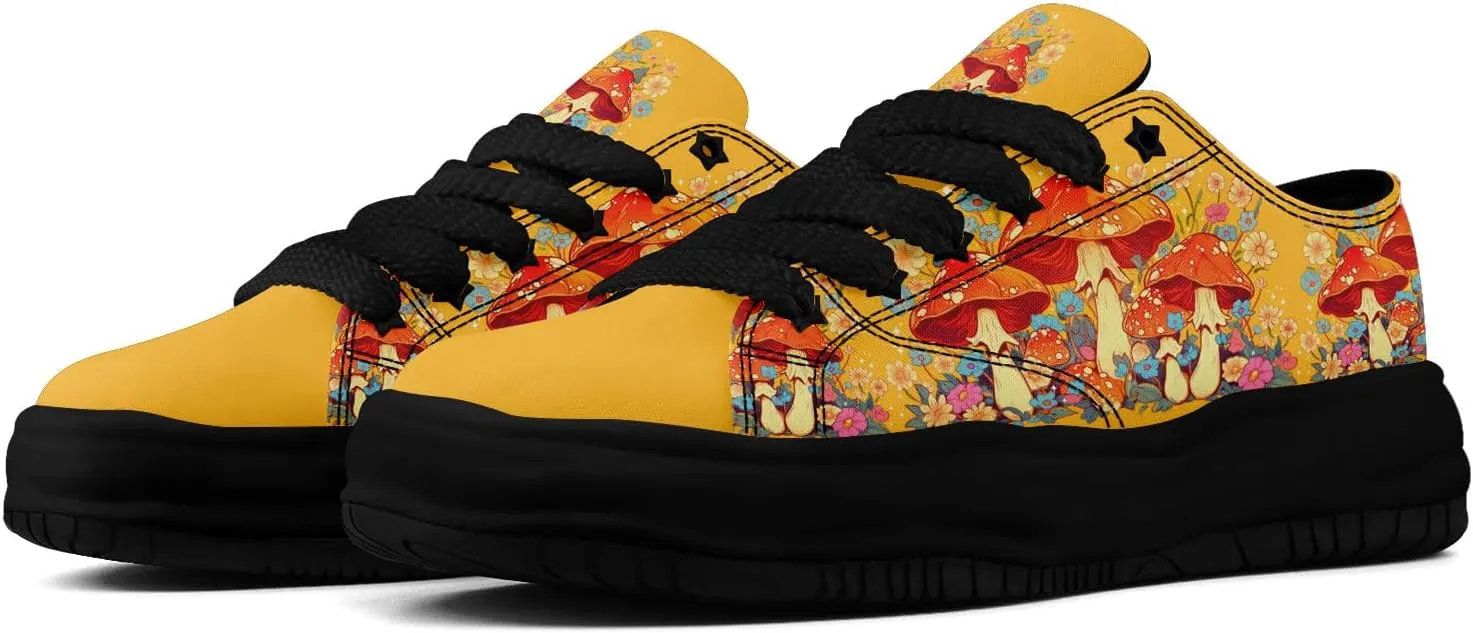 Mushroom Floral Canvas Sneakers for Women's Men's Low-Top Trendy Lace-Up Walking Casual Shoes Spring Summer Footwear