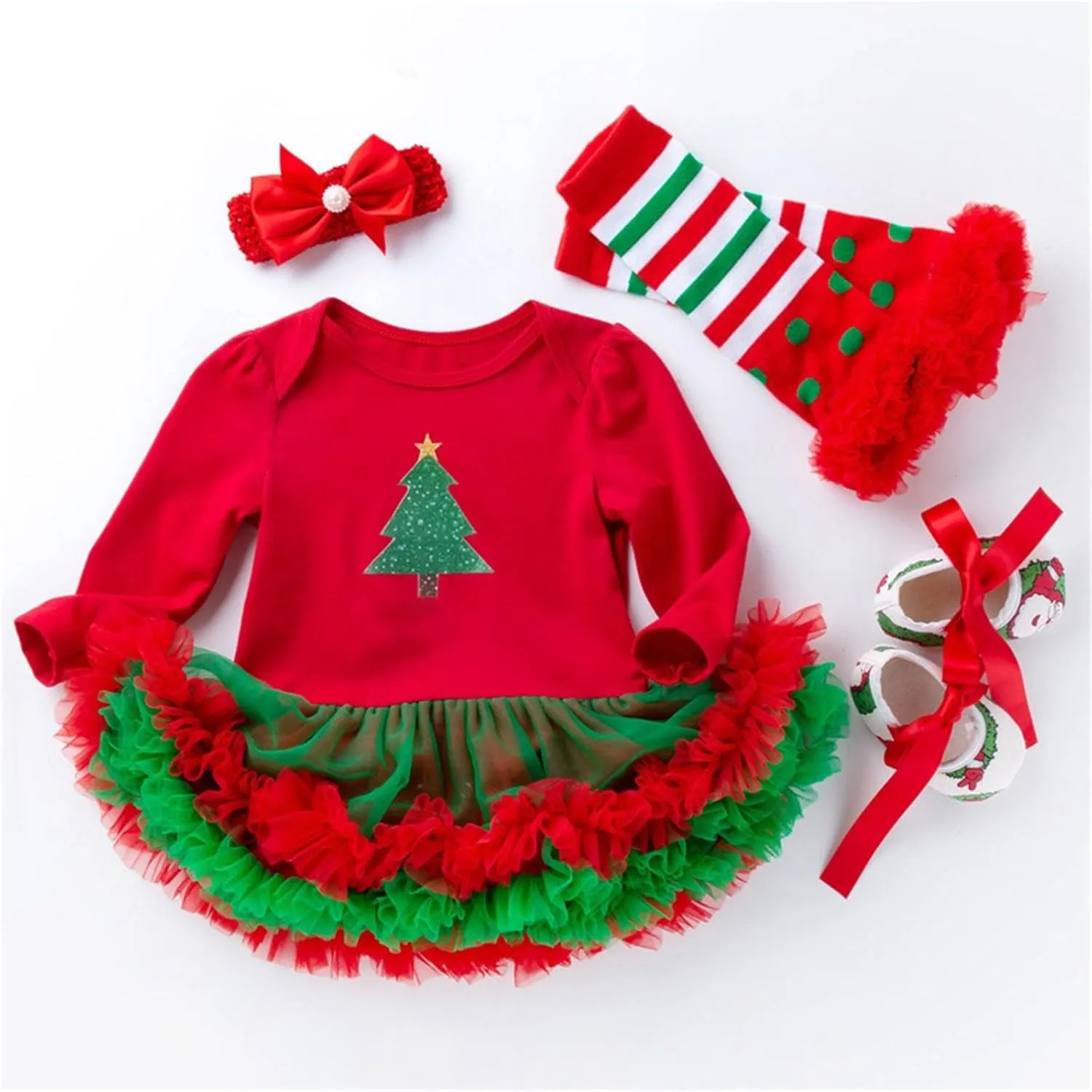 My First Christmas Outfits Baby Girls Long Sleeve Romper Tutu Dress Headband Leg Warmer Shoes 4Pcs Newborn Xmas Costumes