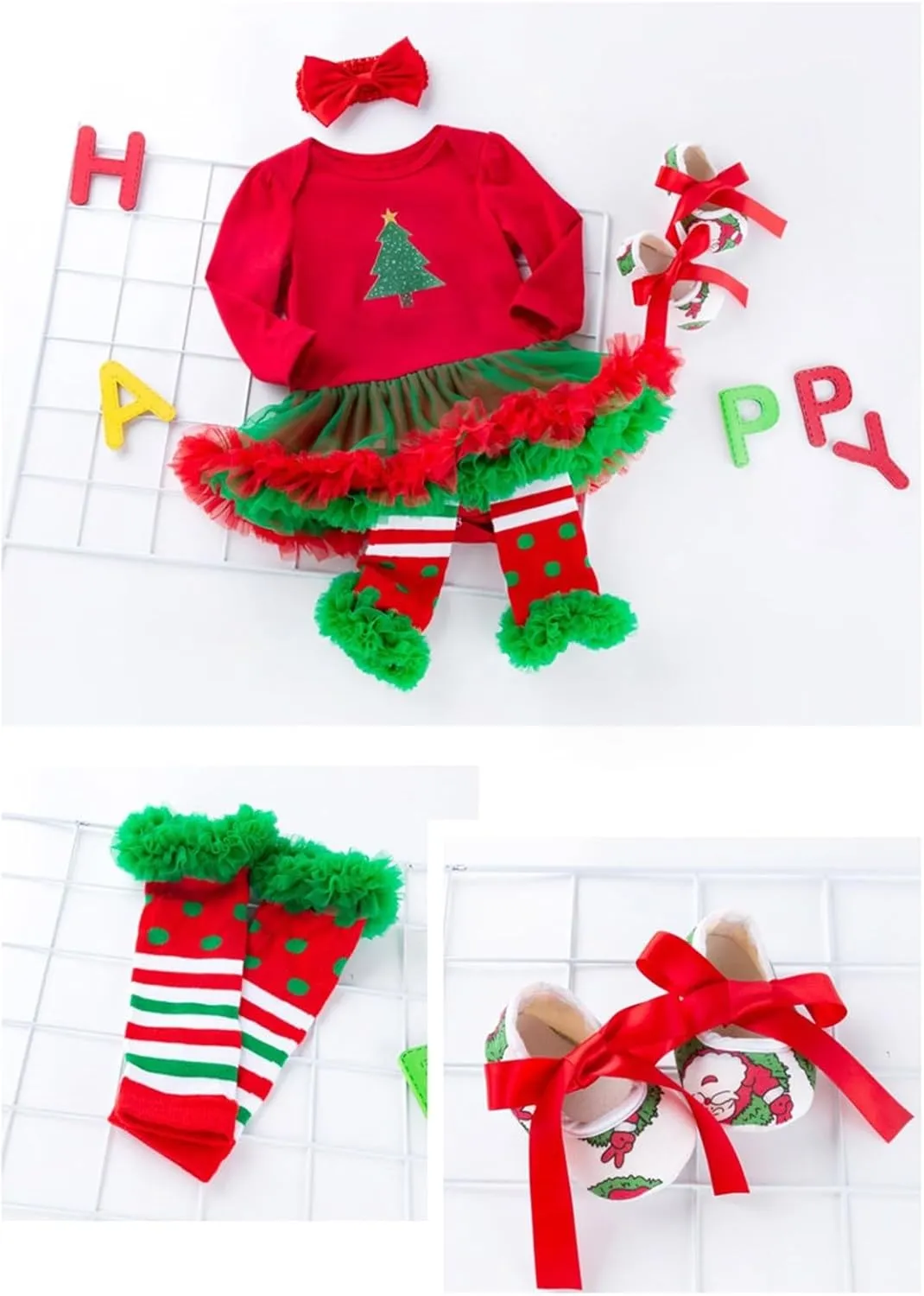 My First Christmas Outfits Baby Girls Long Sleeve Romper Tutu Dress Headband Leg Warmer Shoes 4Pcs Newborn Xmas Costumes