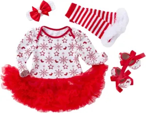 My First Christmas Outfits Baby Girls Long Sleeve Romper Tutu Dress Headband Leg Warmer Shoes 4Pcs Newborn Xmas Costumes