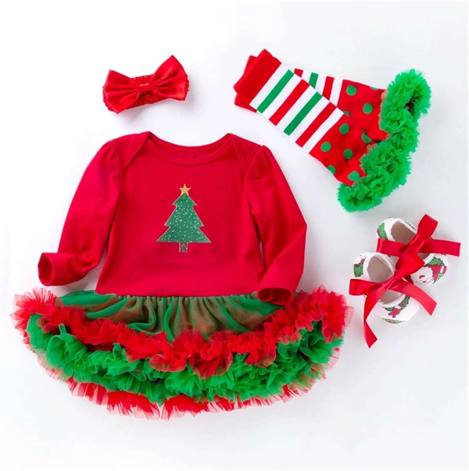 My First Christmas Outfits Baby Girls Long Sleeve Romper Tutu Dress Headband Leg Warmer Shoes 4Pcs Newborn Xmas Costumes