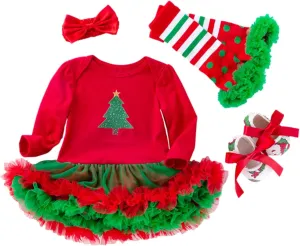 My First Christmas Outfits Baby Girls Long Sleeve Romper Tutu Dress Headband Leg Warmer Shoes 4Pcs Newborn Xmas Costumes