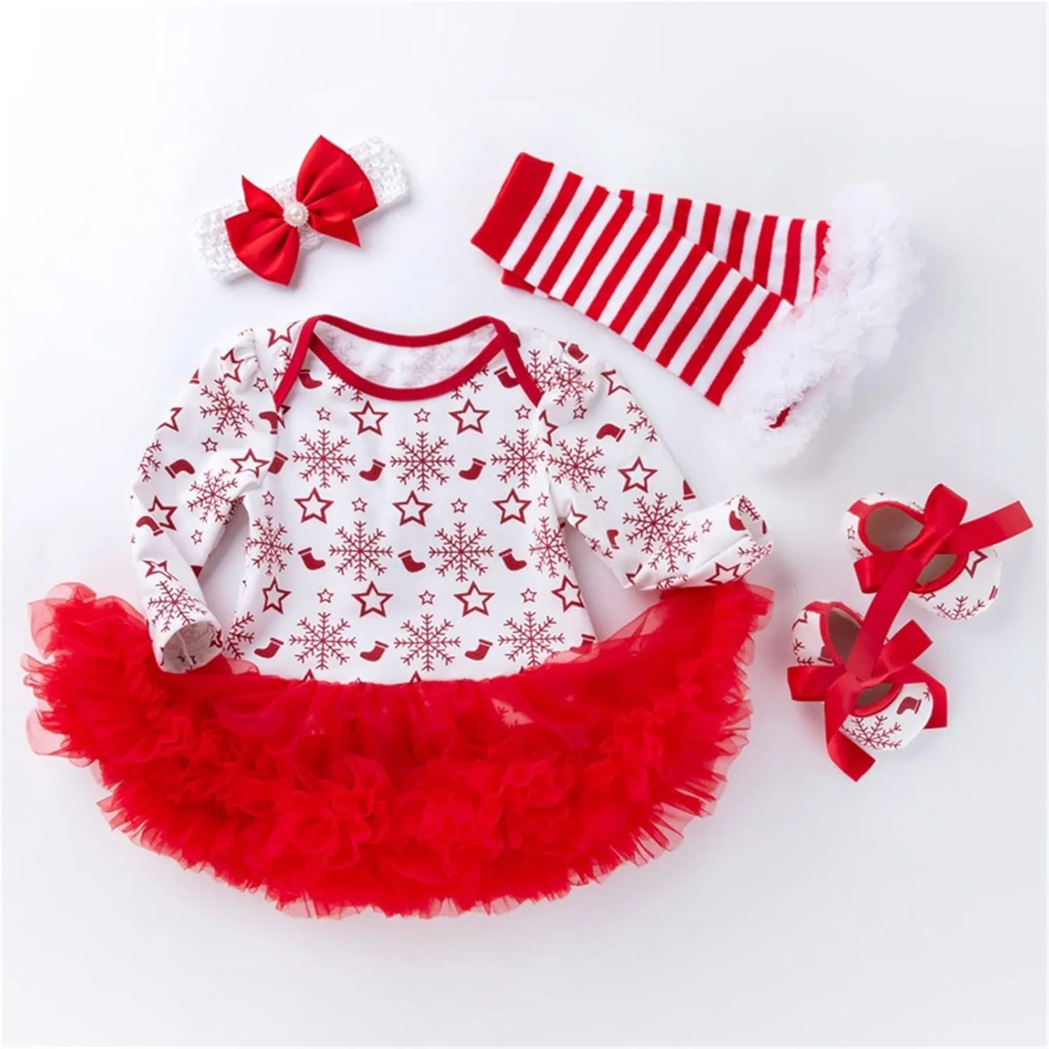 My First Christmas Outfits Baby Girls Long Sleeve Romper Tutu Dress Headband Leg Warmer Shoes 4Pcs Newborn Xmas Costumes