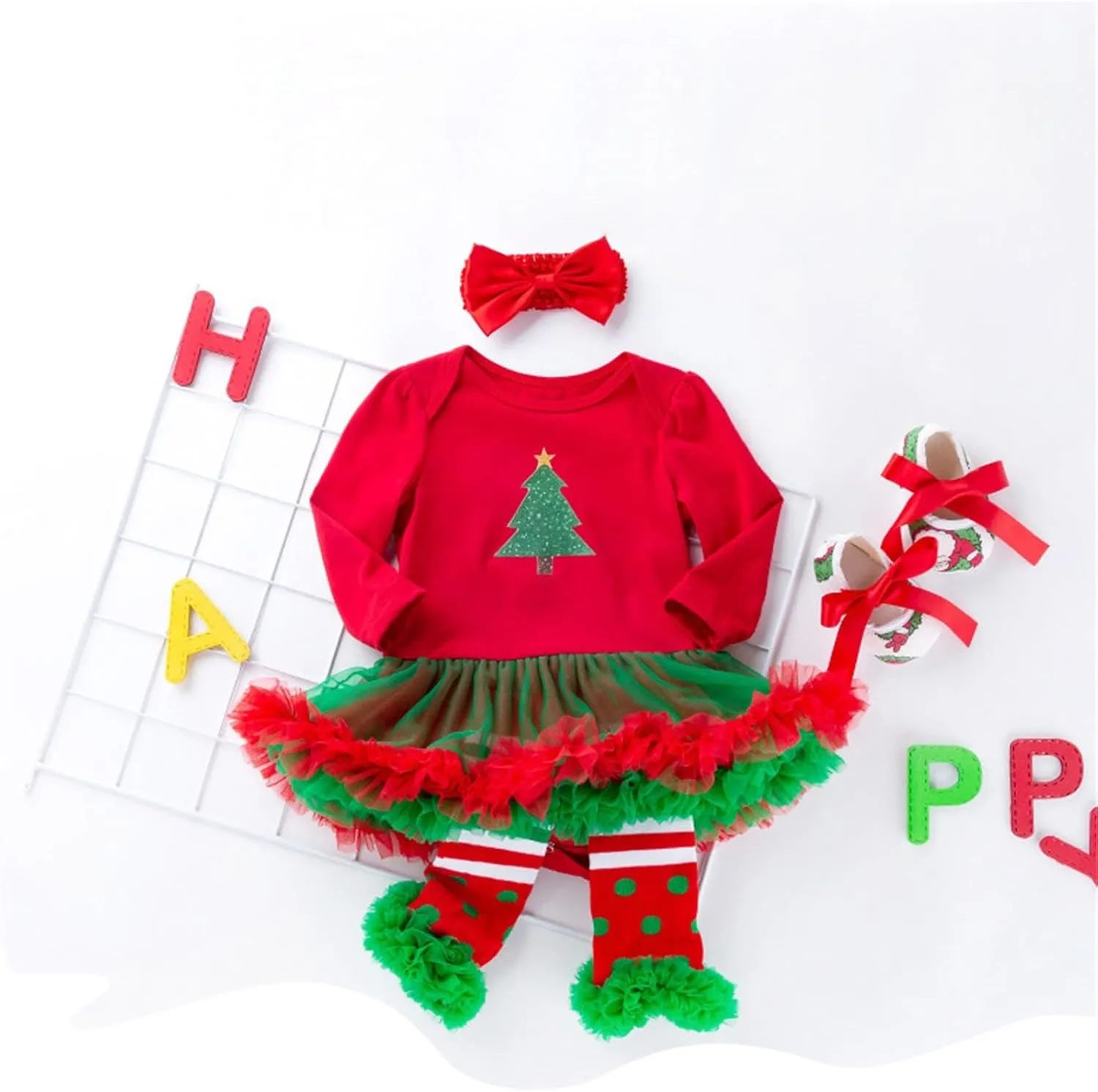 My First Christmas Outfits Baby Girls Long Sleeve Romper Tutu Dress Headband Leg Warmer Shoes 4Pcs Newborn Xmas Costumes
