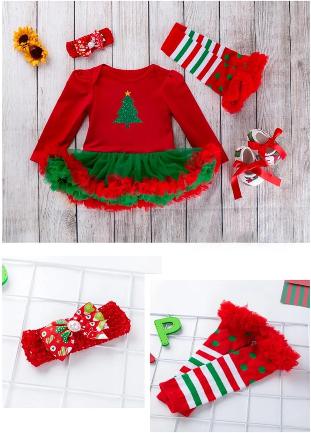 My First Christmas Outfits Baby Girls Long Sleeve Romper Tutu Dress Headband Leg Warmer Shoes 4Pcs Newborn Xmas Costumes