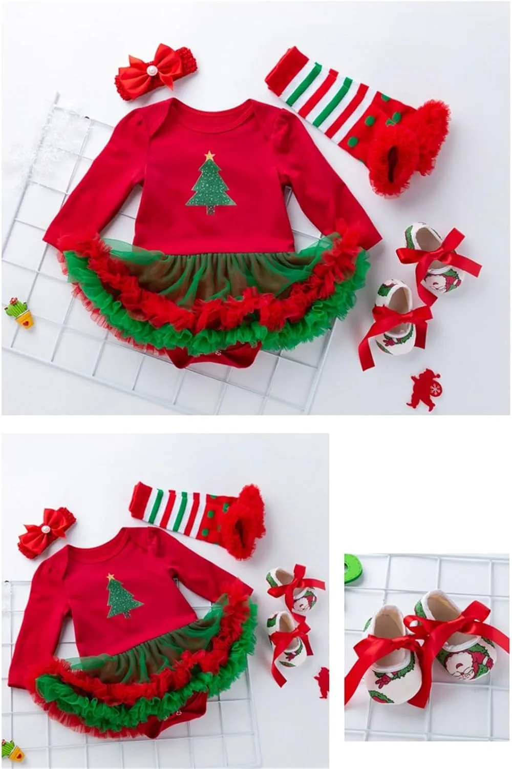 My First Christmas Outfits Baby Girls Long Sleeve Romper Tutu Dress Headband Leg Warmer Shoes 4Pcs Newborn Xmas Costumes
