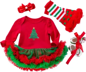 My First Christmas Outfits Baby Girls Long Sleeve Romper Tutu Dress Headband Leg Warmer Shoes 4Pcs Newborn Xmas Costumes