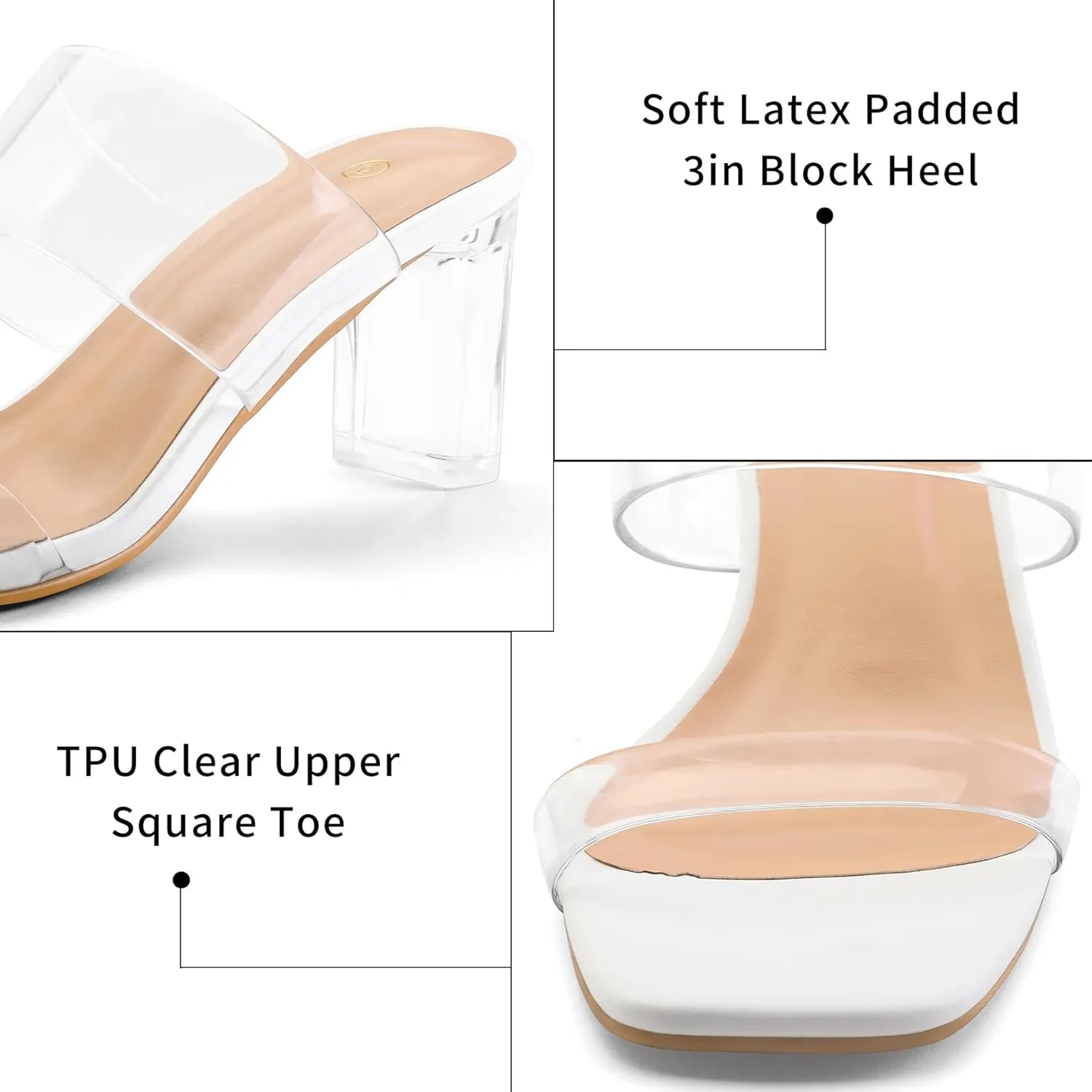 mysoft Clear Heels for Women Transparent Two Strap Block Chunky Square Heel Sandals Open Toe Slip On Sandals