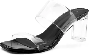 mysoft Clear Heels for Women Transparent Two Strap Block Chunky Square Heel Sandals Open Toe Slip On Sandals