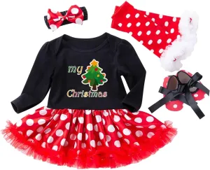 Newborn Baby Girl My First Christmas Outfit Romper Tutu Dress Headband Leg Warmer Shoes 4PCS Holiday Xmas Clothes Set