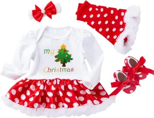 Newborn Baby Girl My First Christmas Outfit Romper Tutu Dress Headband Leg Warmer Shoes 4PCS Holiday Xmas Clothes Set