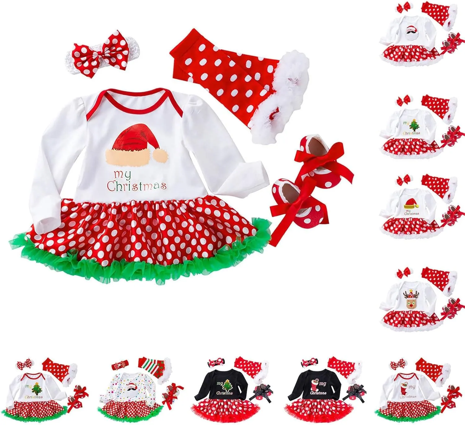 Newborn Baby Girl My First Christmas Outfit Romper Tutu Dress Headband Leg Warmer Shoes 4PCS Holiday Xmas Clothes Set