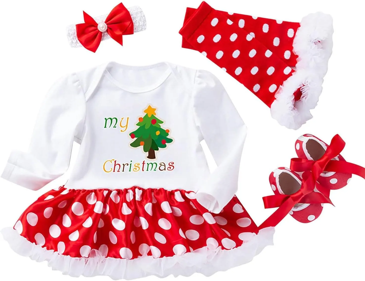 Newborn Baby Girl My First Christmas Outfit Romper Tutu Dress Headband Leg Warmer Shoes 4PCS Holiday Xmas Clothes Set