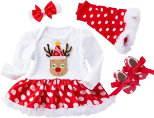 Newborn Baby Girl My First Christmas Outfit Romper Tutu Dress Headband Leg Warmer Shoes 4PCS Holiday Xmas Clothes Set